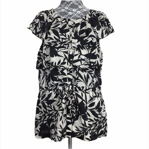 Alfani Black White Floral Silk Ruffle Button Top Womens 8 Cap Sleeve